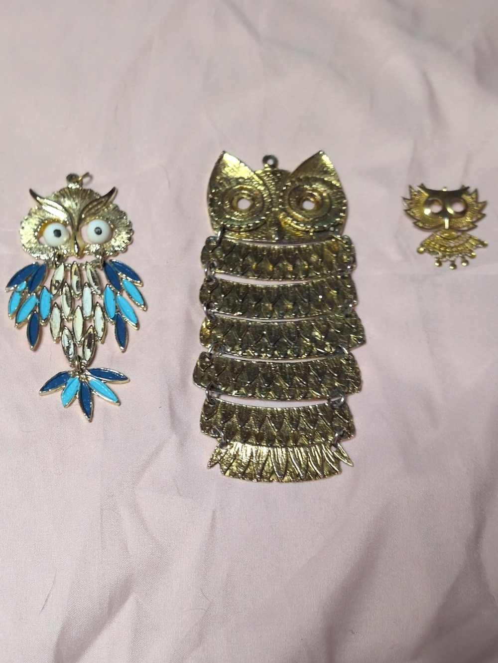 Gold tone Owl Pendant Trio with Blue Enamel Accent